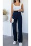 Women's Navy Blue High Waist Gathered Trousers, Lycra in the Transverse Direction, Tube Leg, Striped Palazzo Pants - 2