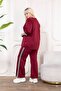 Burgundy V-Neck Stripe Detailed Large Size Women's Bottom & Top Double Suit Set - 8