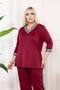 Burgundy V-Neck Stripe Detailed Large Size Women's Bottom & Top Double Suit Set - 6
