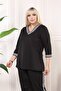 Black V-Neck Stripe Detailed Large Size Women's Bottom & Top Double Suit Set - 6