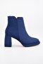 Women's Platform Heeled Boots Navy Blue Suede Flat Top Zippered - 3