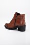 Genuine Leather Women's Heeled Boots Tan Short Tied Zippered - 5