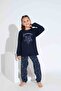 Women's Navy Blue Star Pattern Mother Girl Combination Thermal Winter Warm Soft Pajamas Set - 3