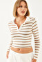 Women's White Mink Polo Collar Striped Blouse 2023 60351075 - 3