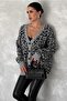 Women's Gray Leopard Pattern Oversize Knitwear Cardigan - 5