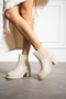 Beige Leather Women's Side Elastic Water and Cold Resistant Non-Slip Sole Thick Heeled Chelsea Boots T02