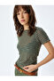 Short Sleeve Round Neck Striped Semi Sheer Crop T-Shirt - 2