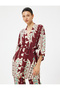 X Melis Ağazat - Viscose Long Kimono with Wide Sleeves and Belt Detail, Floral Ethnic Pattern - 3