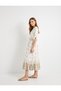 Midi Dress Batwing Sleeve V-Neck Patterned Ruched Waist Tasseled - 2