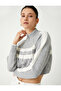 Half Zipper Stand Collar Long Sleeve Striped Crop Sweater