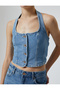 Denim Top Halter Collar Buttoned - 5