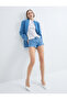 Mini Denim Shorts with Folded Waist and Different Fabric Detail Flexible Cotton Pocket - 3