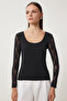 Sandy Knitted Blouse - U Collar, Lace, Black, Len0016 - 4