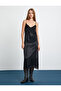 Satin Dress Thin Straps Lace Midi Length - 3