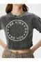 Crop T-Shirt Printed Crew Neck Short Sleeve Faded Effect - 5