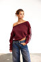 Burgundy Open Shoulder Striped Oversize Sweatshirt