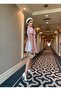 Women's Pink Imported Tweed Sand Brooch Detail Pleated Lined Special Design Jacket Dress - 4