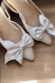 Duna Beige Satin Bow-Tie Satin (2 cm Heel) Ankle Strap Pointed Toe Daily Ballet Flats - 2