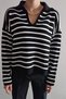 Women's Black and White Striped Polo Collar Knitwear Sweater - 2