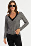 Women's Black-Ecru V-Neck Houndstooth Blouse Ey2940 - 3