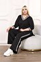 Black V-Neck Stripe Detailed Large Size Women's Bottom & Top Double Suit Set