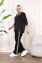 Black V-Neck Stripe Detailed Large Size Women's Bottom & Top Double Suit Set - 2