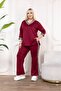 Burgundy V-Neck Stripe Detailed Large Size Women's Bottom & Top Double Suit Set - 7