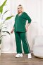 Green V-Neck Stripe Detailed Large Size Women's Bottom & Top Double Set - 2