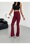 Women's Burgundy Combed Cotton Fabric Waist Ribbed Spanish Leg Y2K Trousers - 5