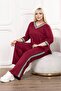 Burgundy V-Neck Stripe Detailed Large Size Women's Bottom & Top Double Suit Set