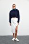 Asymmetrical Slit Detailed Ecru Midi Denim Skirt