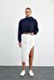 Asymmetrical Slit Detailed Ecru Midi Denim Skirt - 5