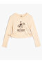 Long Sleeve T-Shirt Side Drawstring Tie Print Detail Crew Neck Ribbed