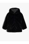 Hooded Plush Coat with Pocket Detail and Snap Closure