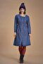 Ribbed Neck Lace Long Sleeve Navy Blue Dress - 3