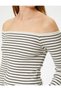 Long Sleeve Boat Neck Off-The-Shoulder Striped Knitwear Sweater - 5