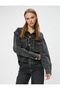 Oversize Stoned Denim Jacket with Pocket Detail and Buttons - 2