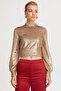 Laras High Collar Sequined Long Sleeve Gold Color Evening Dress Blouse