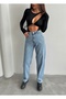Women's Blue Snow Wash Color High Waist Skater Fit Loose Cut Baggy Denim - 2