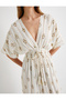 Midi Dress Batwing Sleeve V-Neck Patterned Ruched Waist Tasseled - 4