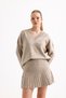 Beige Pleated Mini Skirt V-Neck Sweater Bottom Top Knitwear Set - 8