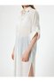 Striped Long Shirt Dress with Curved 3/4 Sleeves Textured Viscose Fabric - 5