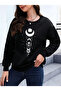 Moon Sun Sweatshirt - Black Printed Oversize Crew Neck