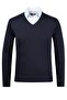 Men's V-Neck Knitwear Navy Blue Sweater Plain Weave Steel Knit