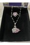Zircon Stone Swan Necklace and Heart Detailed Ring Set (Silver Pink Stone Swan Necklace Heart Ring) - 2