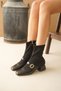Raros Black Patent Leather Buckle Single Strap (4 cm) Blunt Toe Heeled Stretch Boots - 3