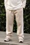 Men's Baggy 3 Thread Raised Leg Slit Detailed White Stripe Beige Premium Sweatpants Mz8080 - 5
