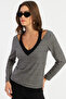 Women's Black-Ecru V-Neck Houndstooth Blouse Ey2940 - 5
