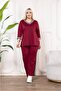 Burgundy V-Neck Stripe Detailed Large Size Women's Bottom & Top Double Suit Set - 3