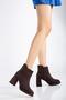 Women's Platform Heeled Boots Brown Suede Flat Zippered